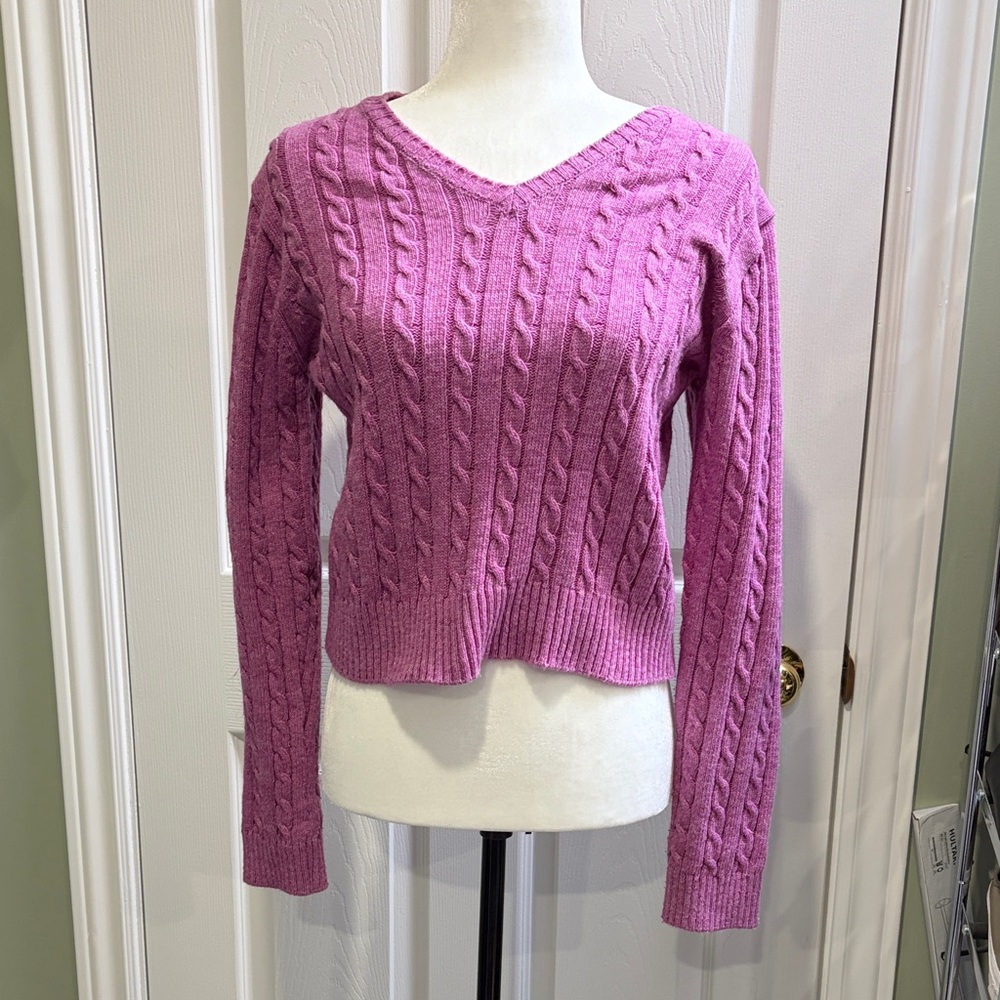Olive Cable Knit V-Neck Sweater